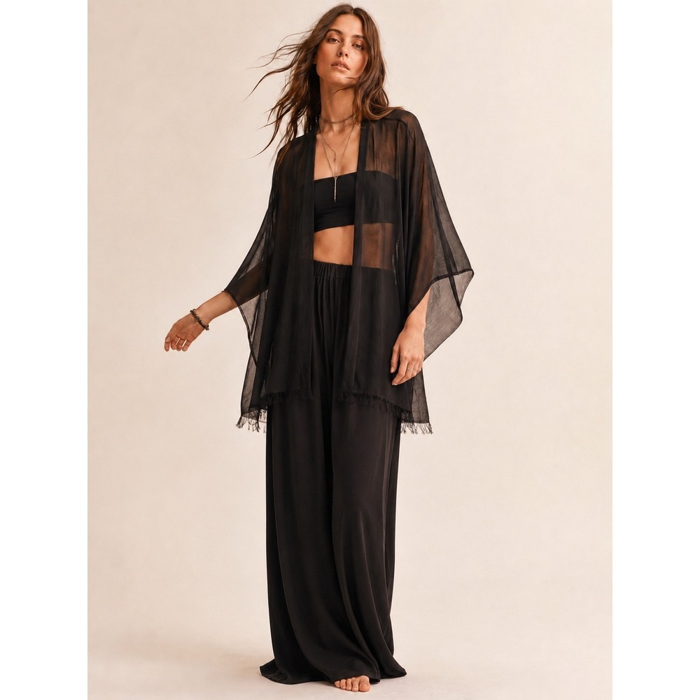 NWT Vero Moda Sheer Black Poncho Kimono OS Festival Resort Cover Up Boho